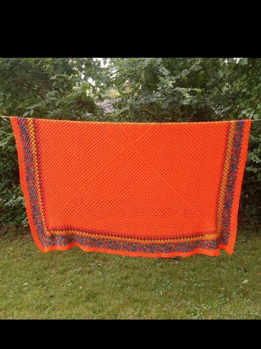 Vtg Handcrafted Bright Orange Crochet Throw Blanket with Multicolor Border